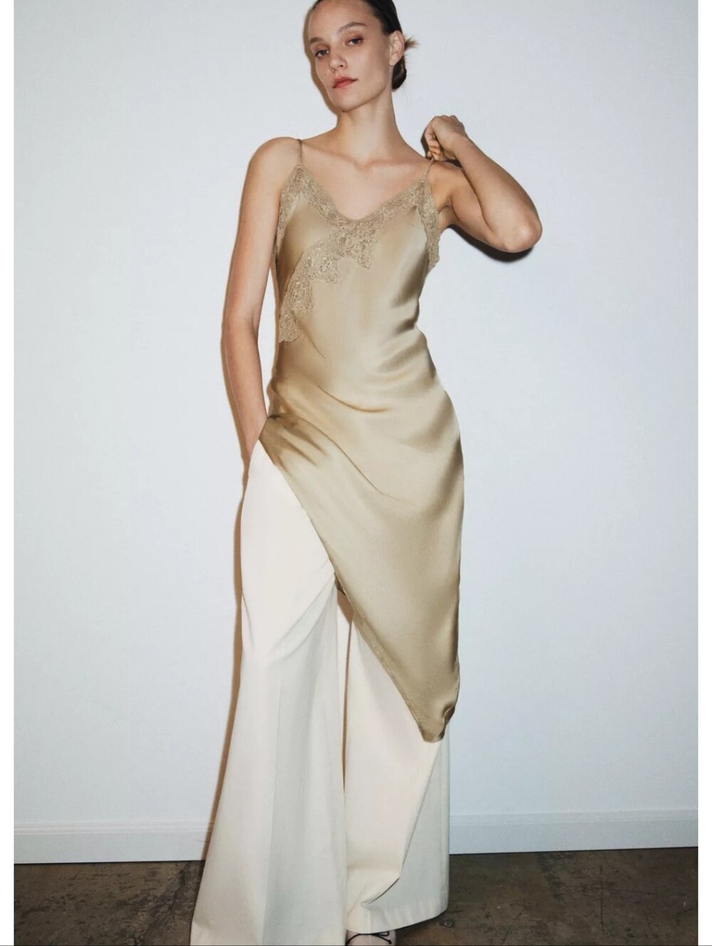 Zara Champagne Asymmetrical Satin Slip Dress
